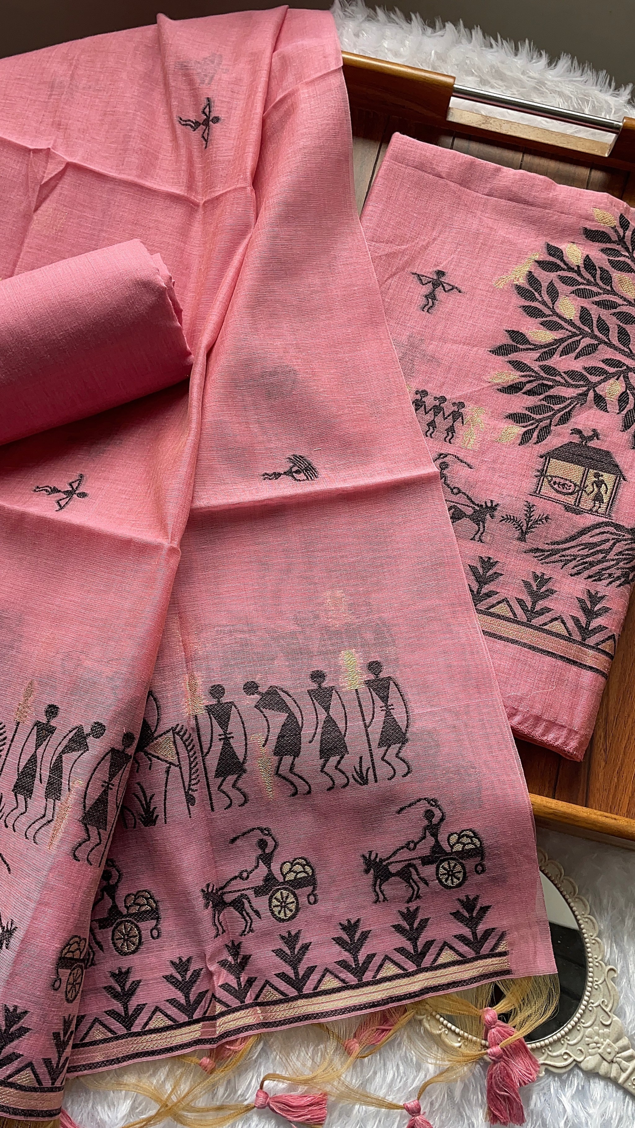 Chic Chronicles Pink Warli Muga Cotton Unstitched Suit Set