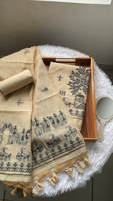 Chic Chronicles Beige Warli Muga Cotton Unstitched Suit Set