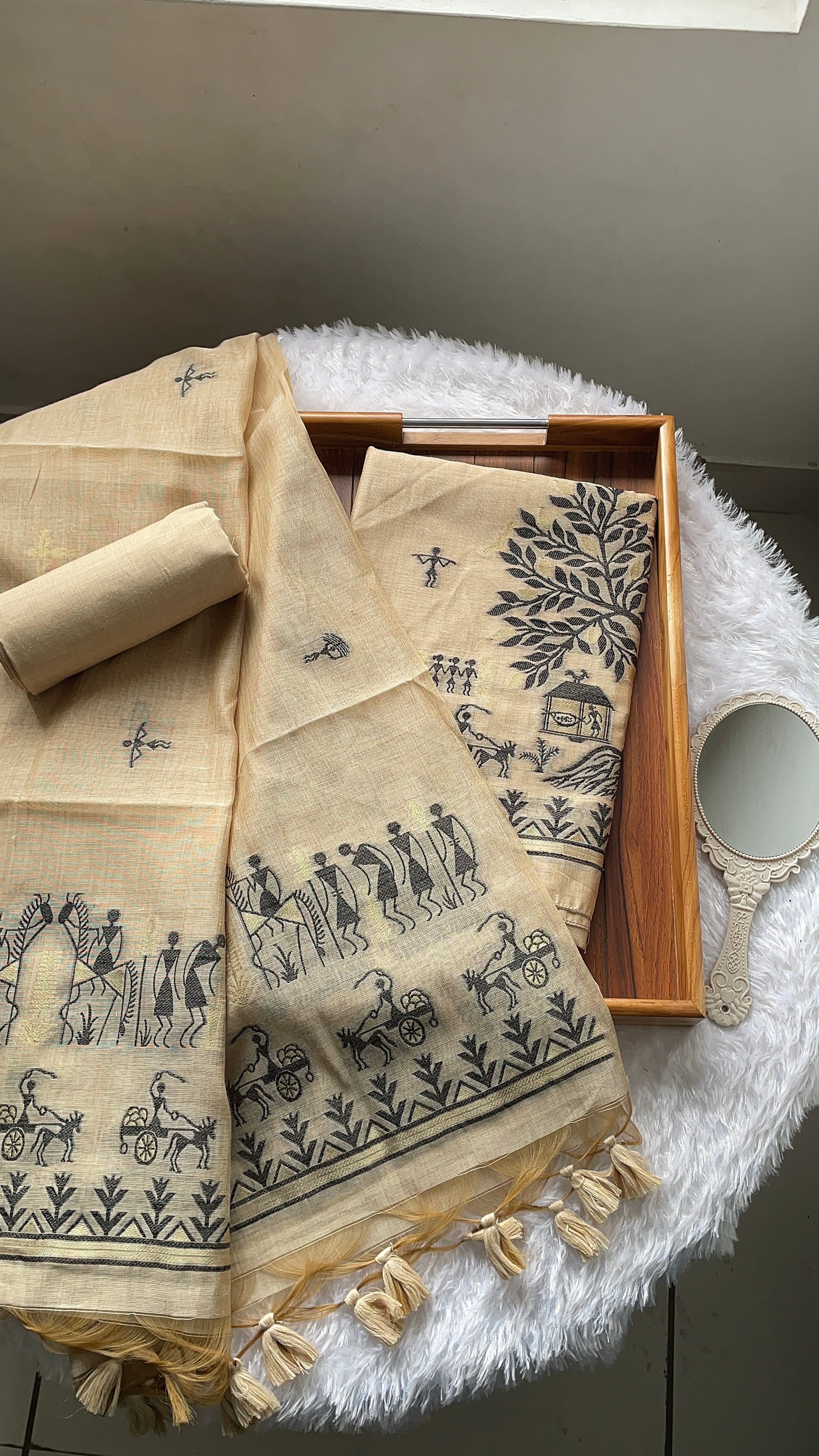 Chic Chronicles Beige Warli Muga Cotton Unstitched Suit Set