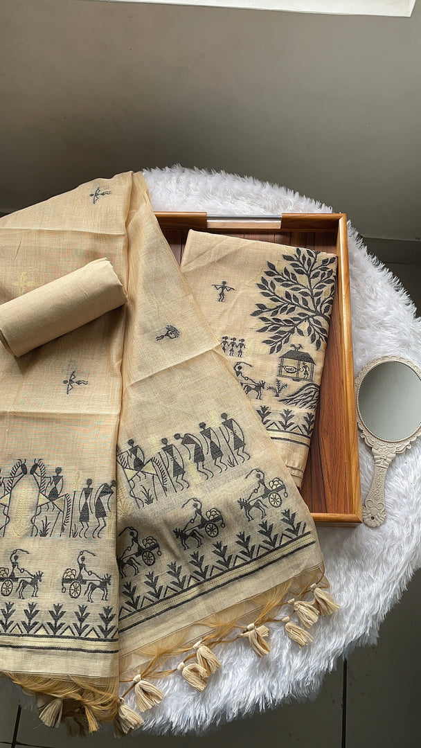Chic Chronicles Beige Warli Muga Cotton Unstitched Suit Set