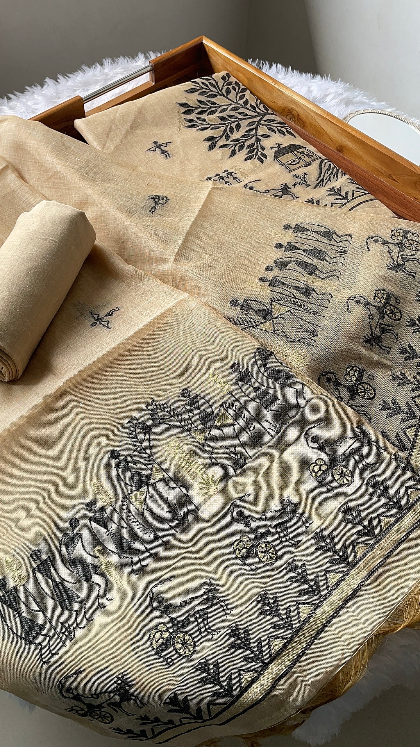 Chic Chronicles Beige Warli Muga Cotton Unstitched Suit Set