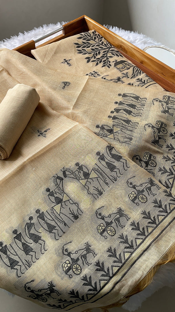 Chic Chronicles Beige Warli Muga Cotton Unstitched Suit Set