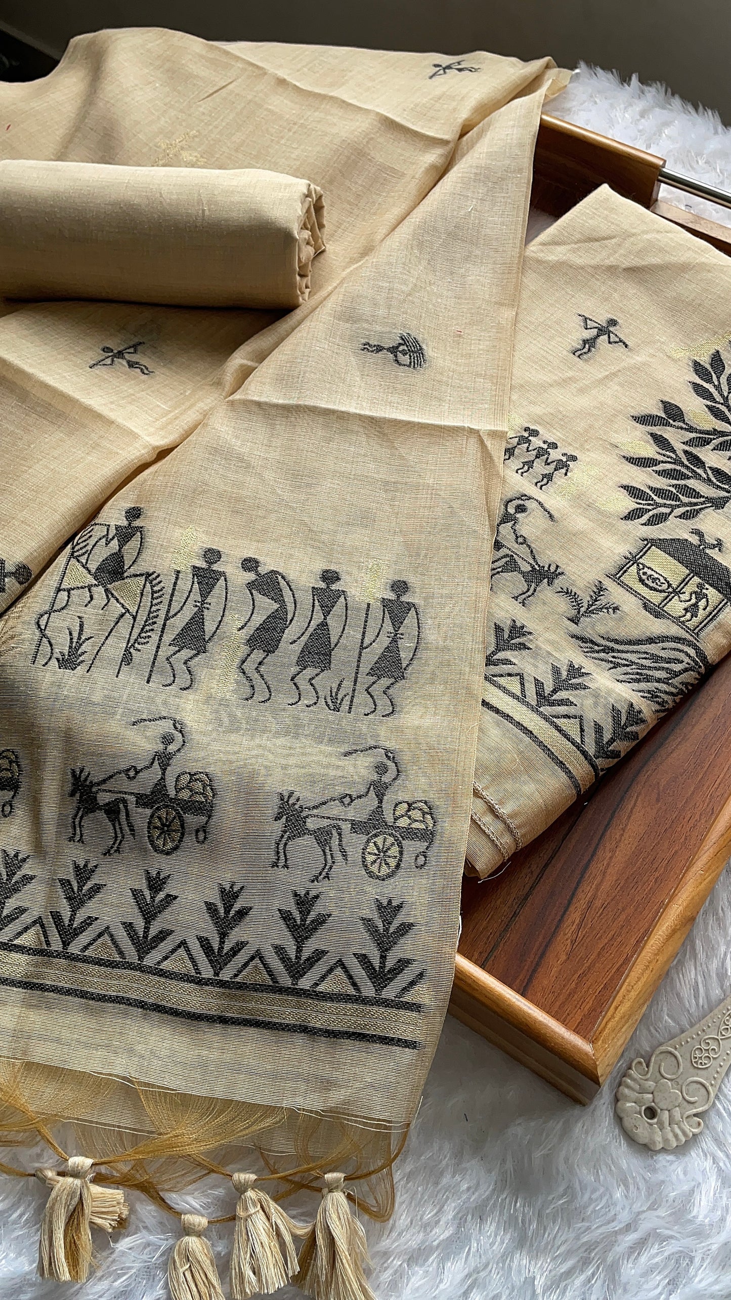 Chic Chronicles Beige Warli Muga Cotton Unstitched Suit Set