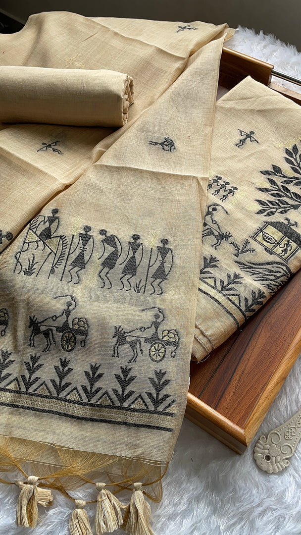 Chic Chronicles Beige Warli Muga Cotton Unstitched Suit Set