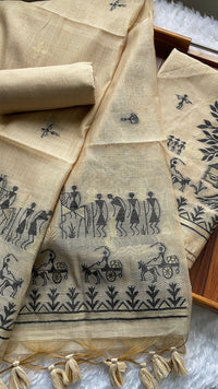 Chic Chronicles Beige Warli Muga Cotton Unstitched Suit Set