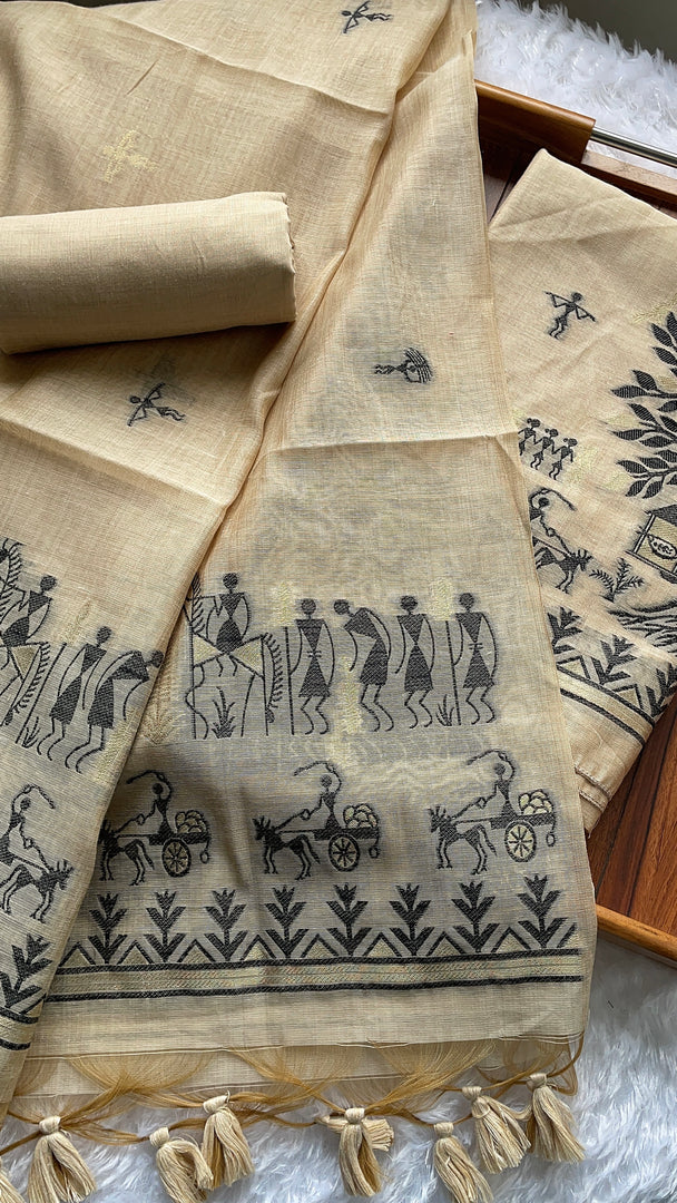 Chic Chronicles Beige Warli Muga Cotton Unstitched Suit Set