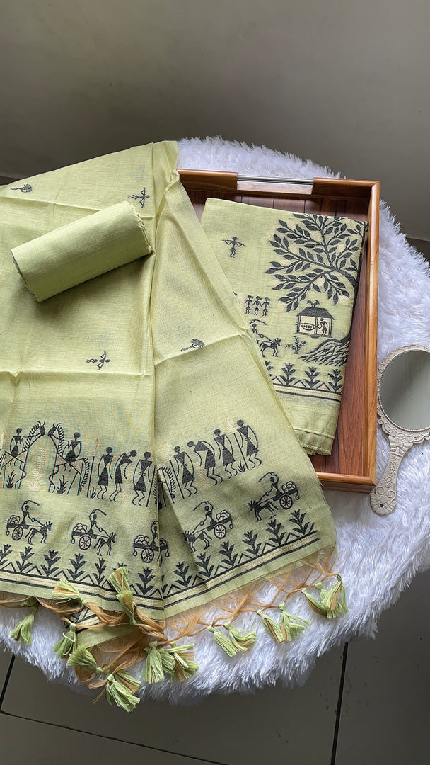 Chic Chronicles Green Warli Muga Cotton Unstitched Suit Set