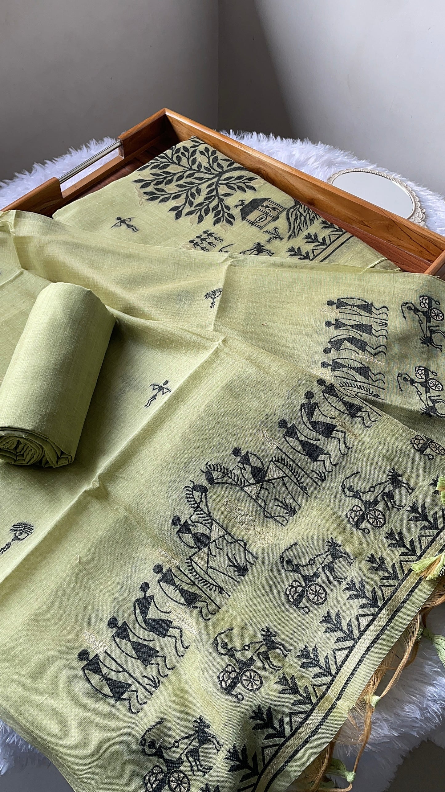Chic Chronicles Green Warli Muga Cotton Unstitched Suit Set