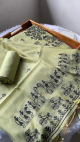 Chic Chronicles Green Warli Muga Cotton Unstitched Suit Set