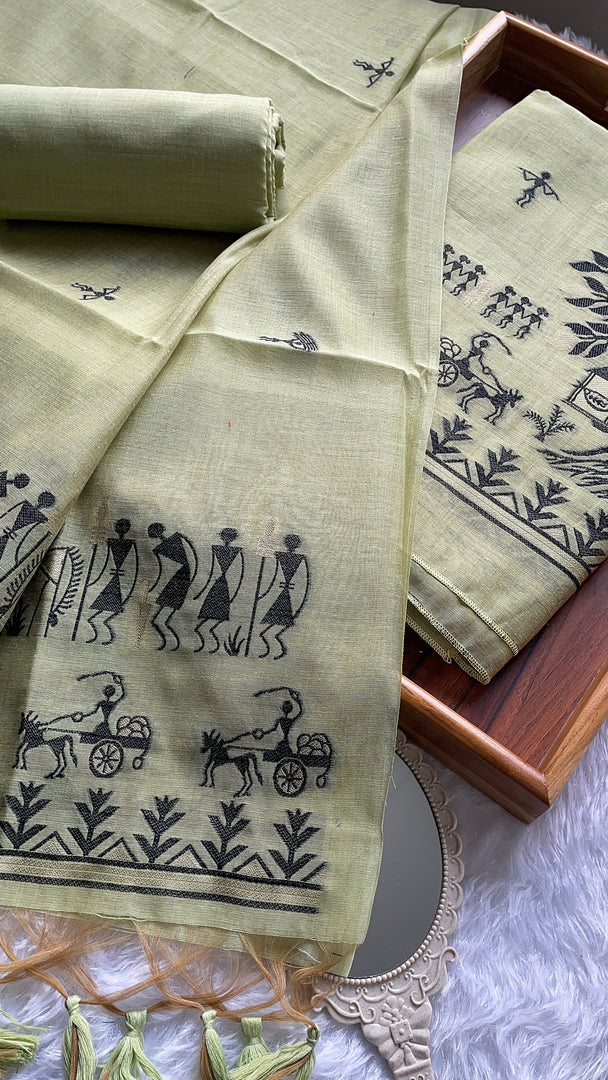 Chic Chronicles Green Warli Muga Cotton Unstitched Suit Set