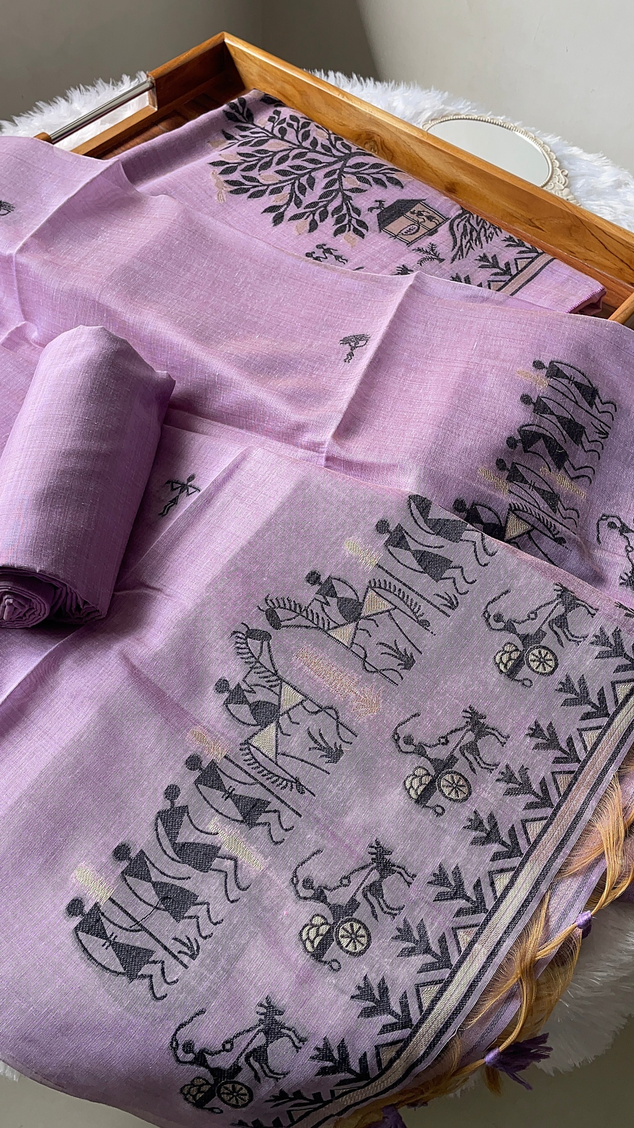 Chic Chronicles Lavender Warli Muga Cotton Unstitched Suit Set