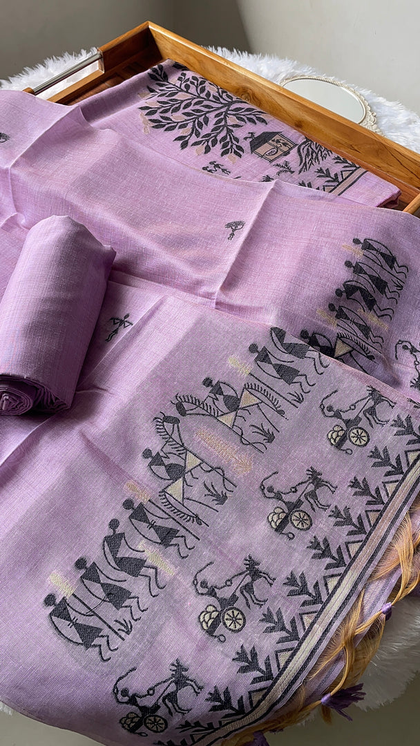 Chic Chronicles Lavender Warli Muga Cotton Unstitched Suit Set