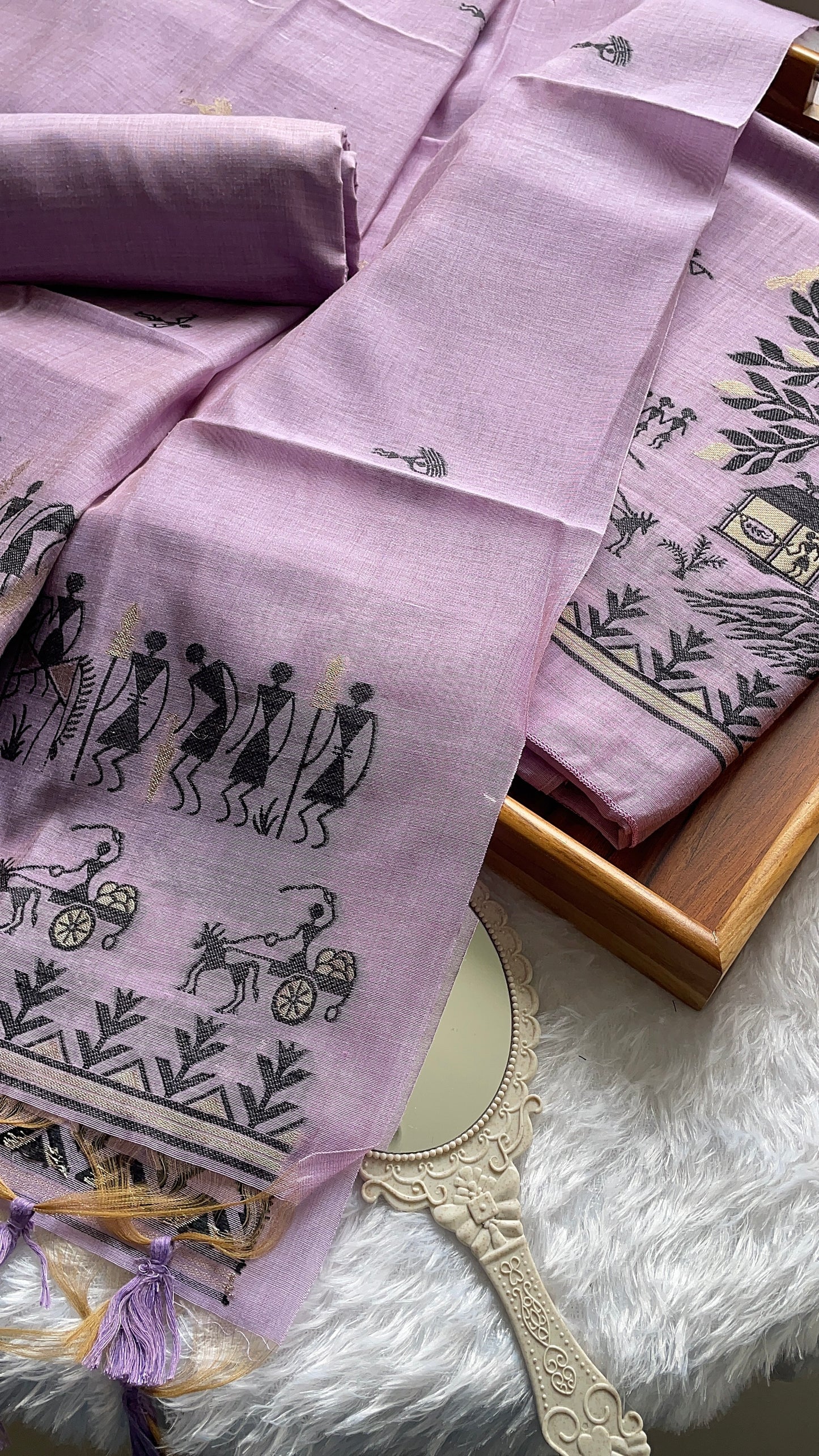 Chic Chronicles Lavender Warli Muga Cotton Unstitched Suit Set