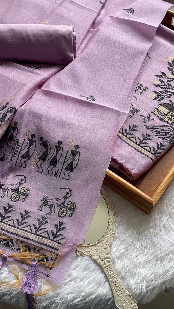 Chic Chronicles Lavender Warli Muga Cotton Unstitched Suit Set