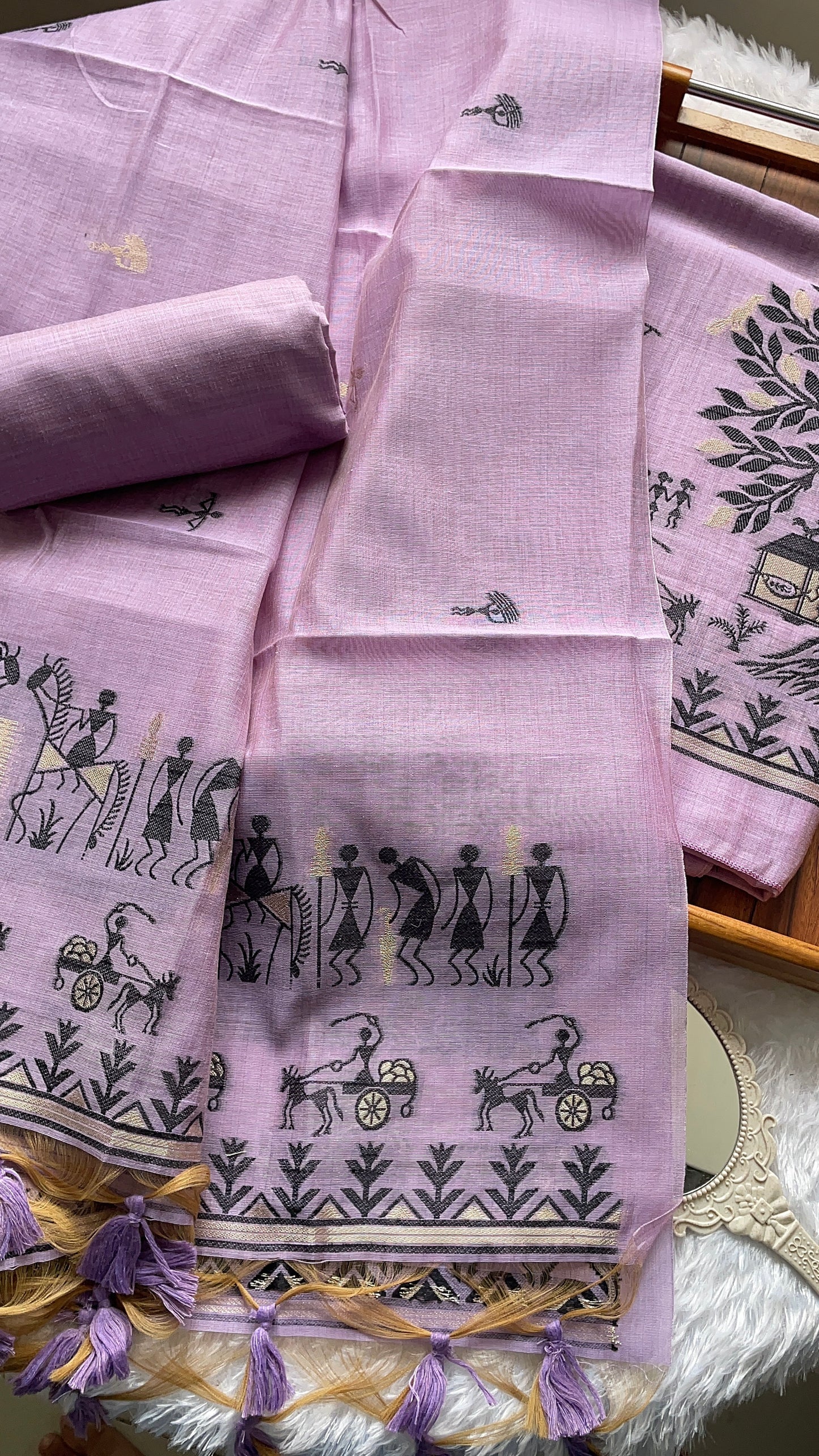 Chic Chronicles Lavender Warli Muga Cotton Unstitched Suit Set