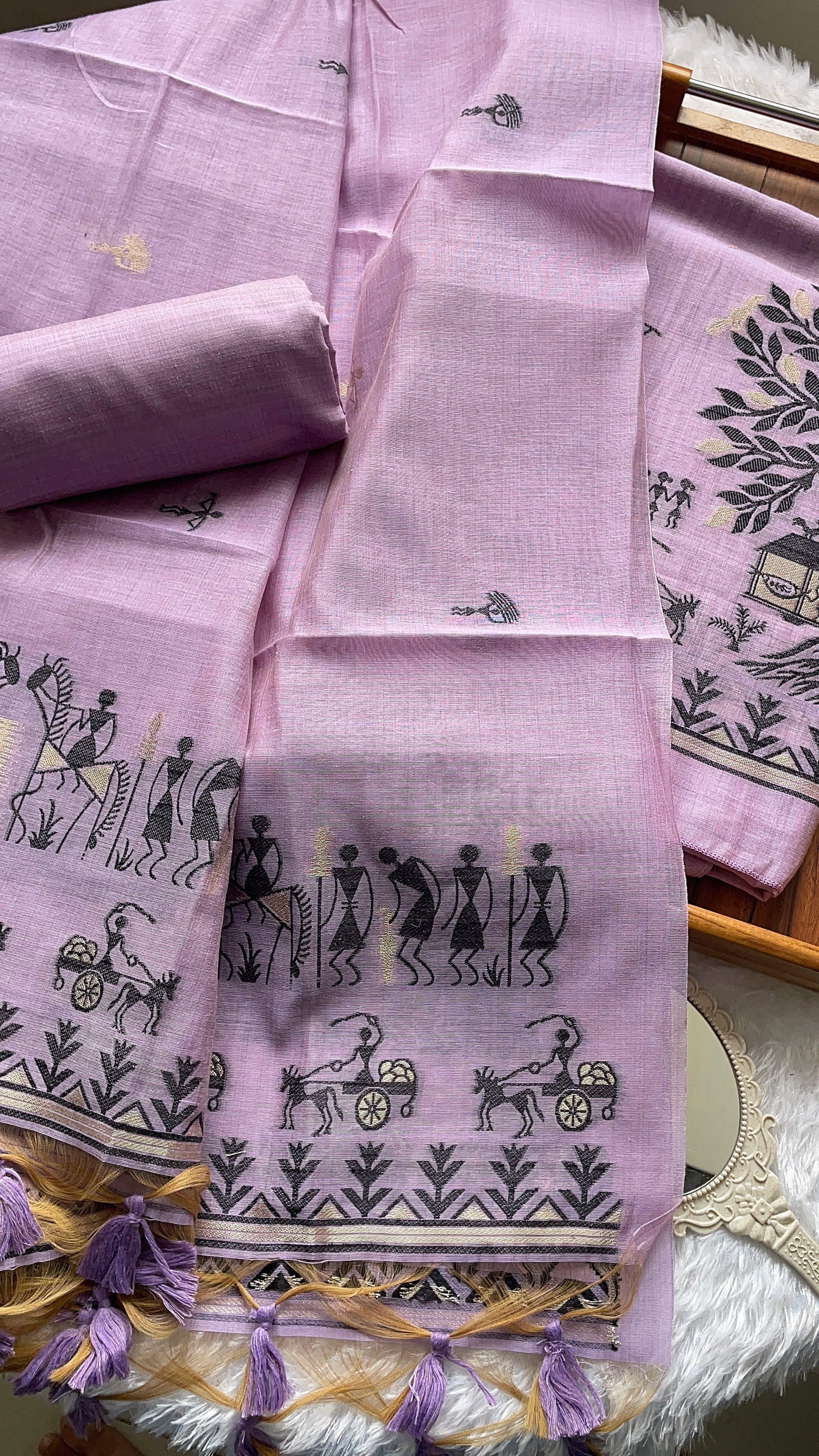 Chic Chronicles Lavender Warli Muga Cotton Unstitched Suit Set