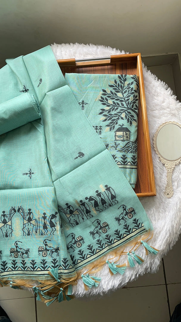 Chic Chronicles Sea Green Warli Muga Cotton Unstitched Suit Set