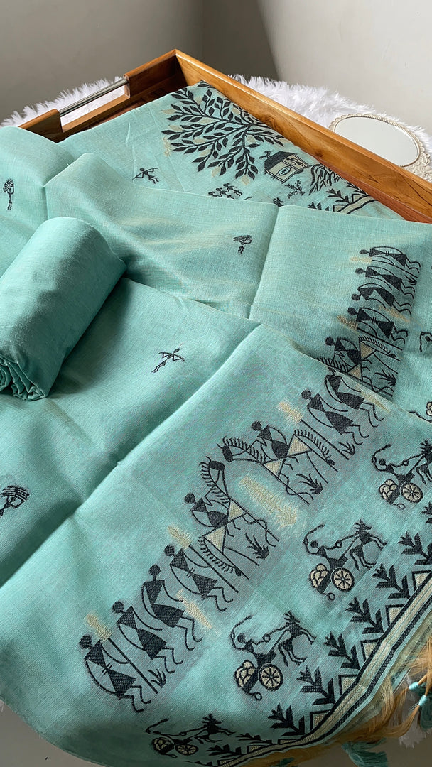 Chic Chronicles Sea Green Warli Muga Cotton Unstitched Suit Set