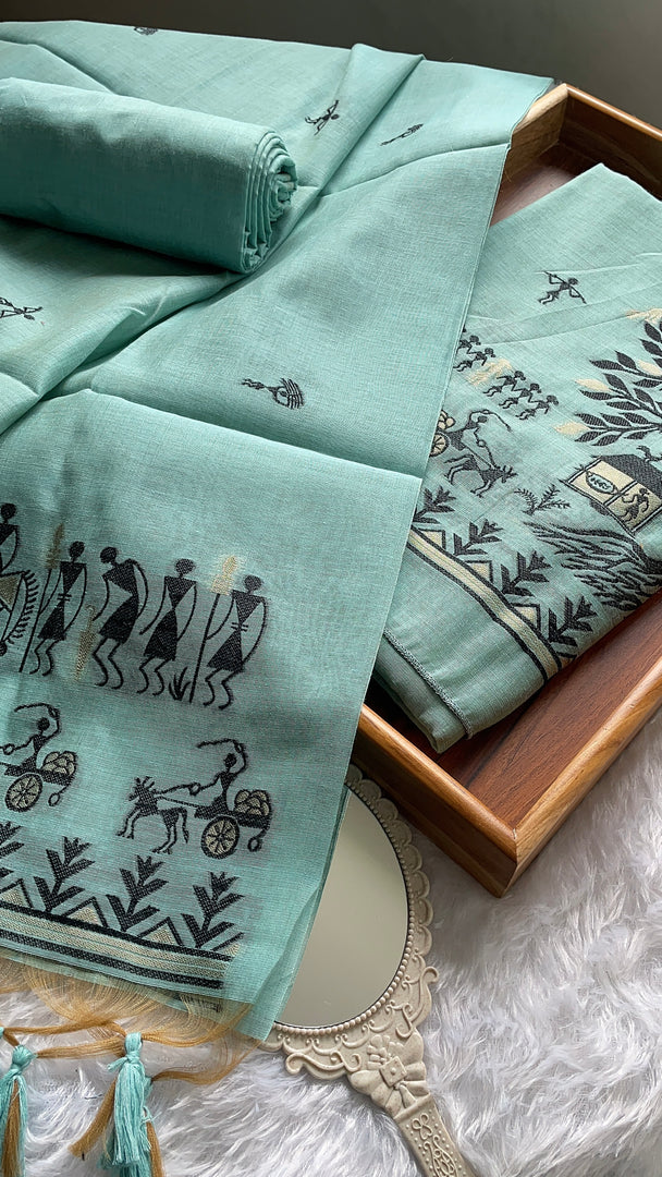 Chic Chronicles Sea Green Warli Muga Cotton Unstitched Suit Set