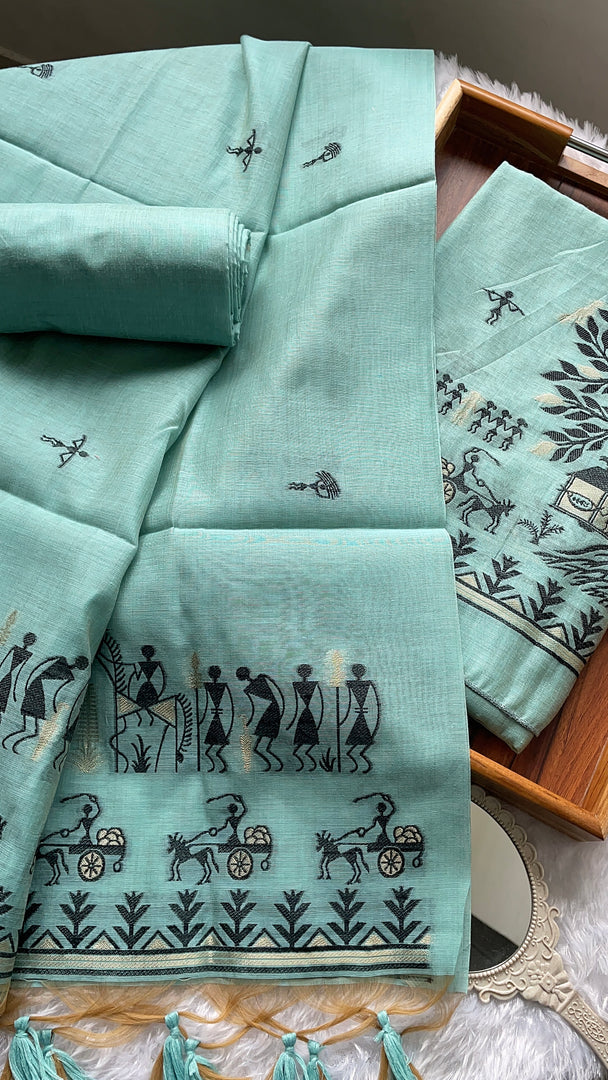 Chic Chronicles Sea Green Warli Muga Cotton Unstitched Suit Set