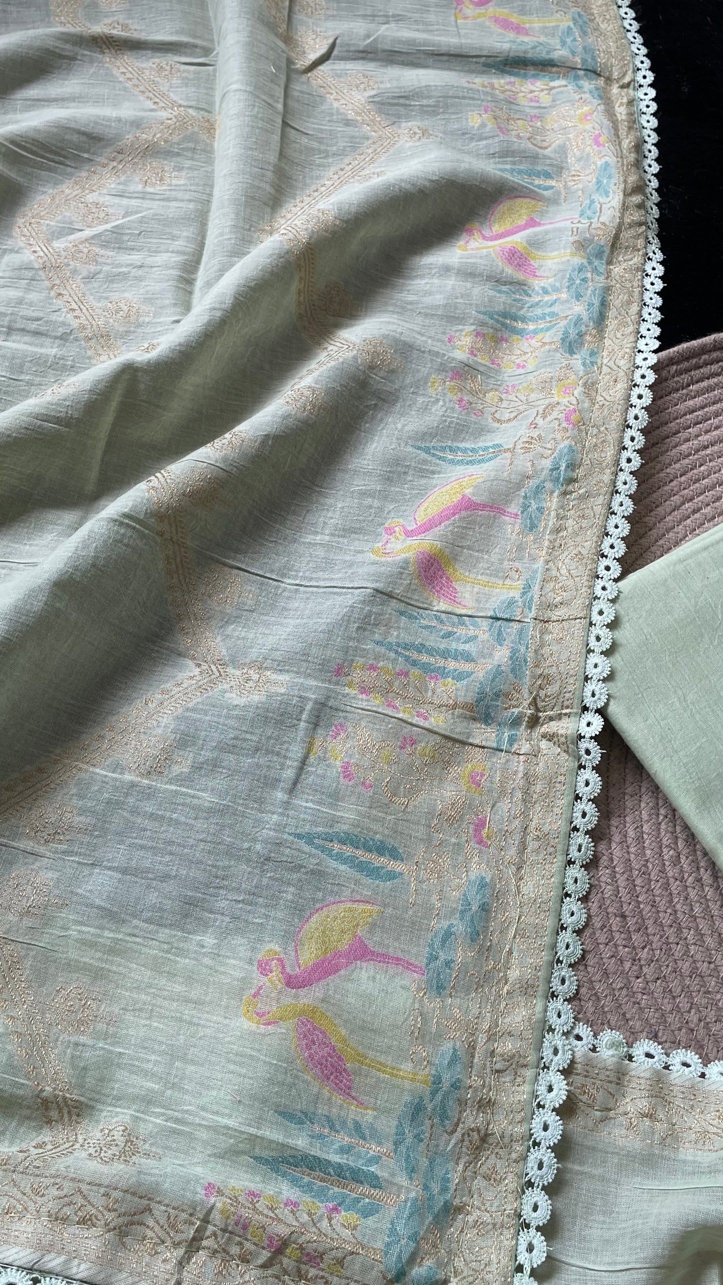 Bare Weave Pista Green Pure Cotton Unstitched Suit Set