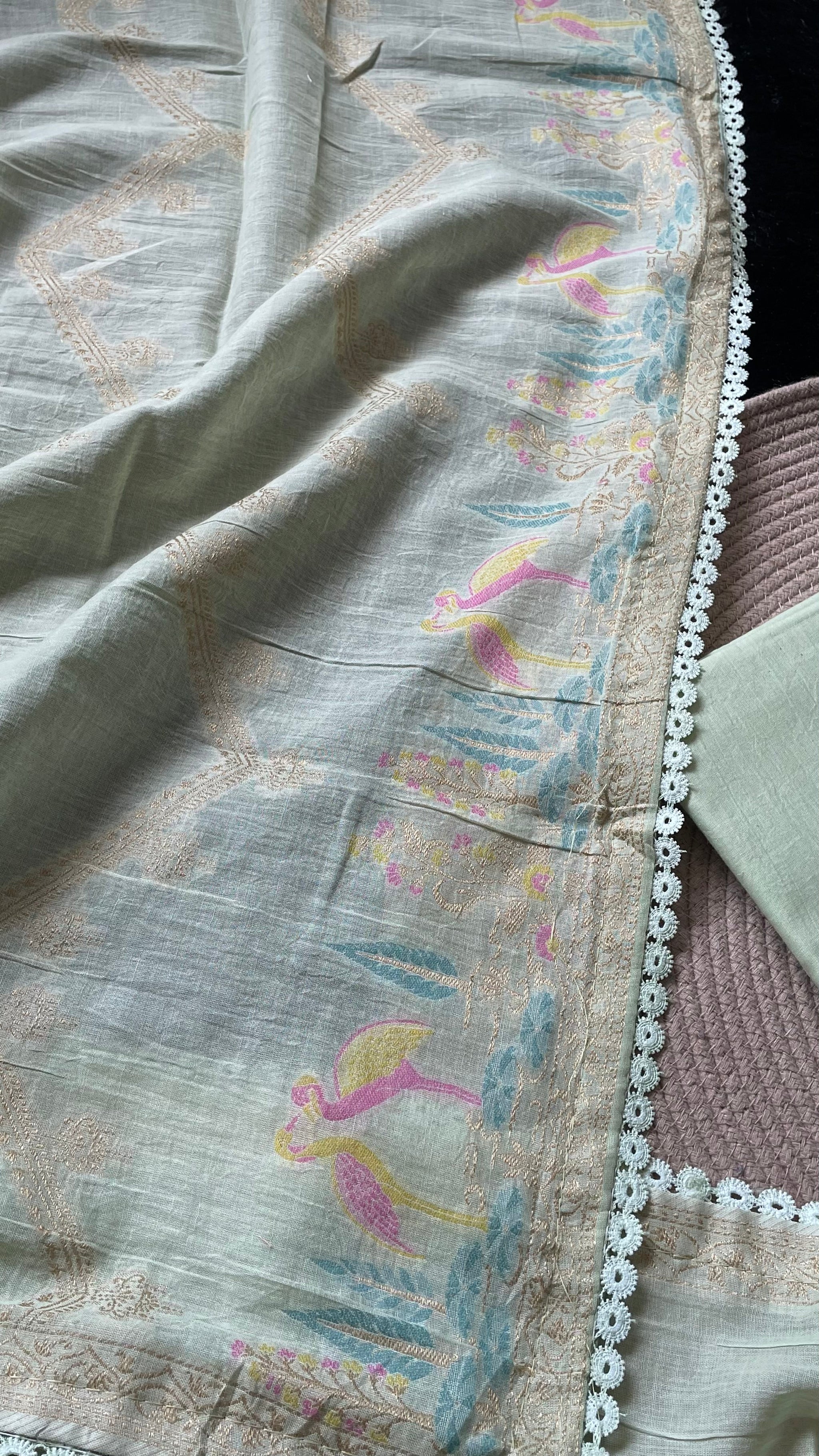 Bare Weave Pista Green Pure Cotton Unstitched Suit Set
