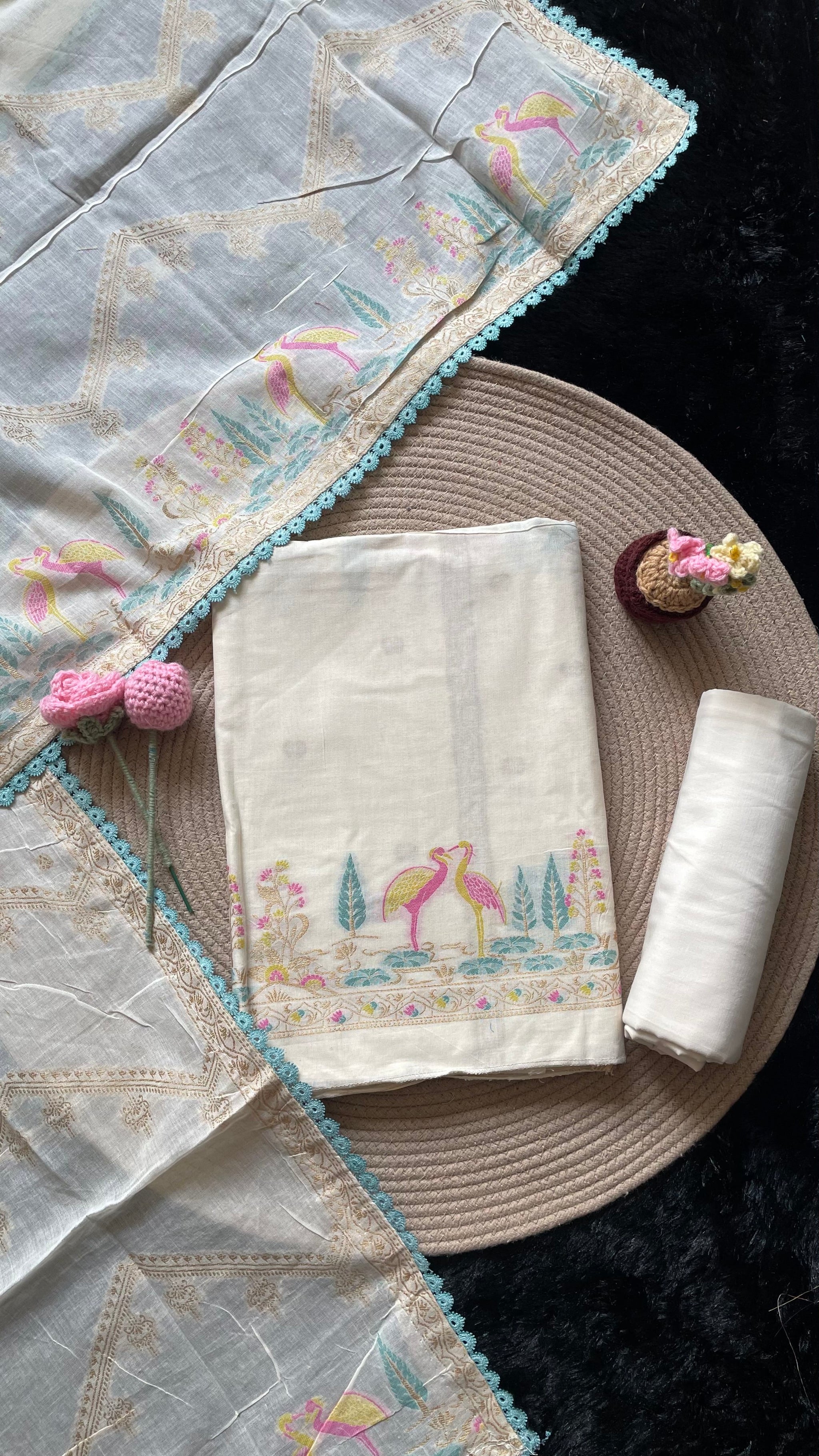 Bare Weave White Pure Cotton Unstitched Suit Set