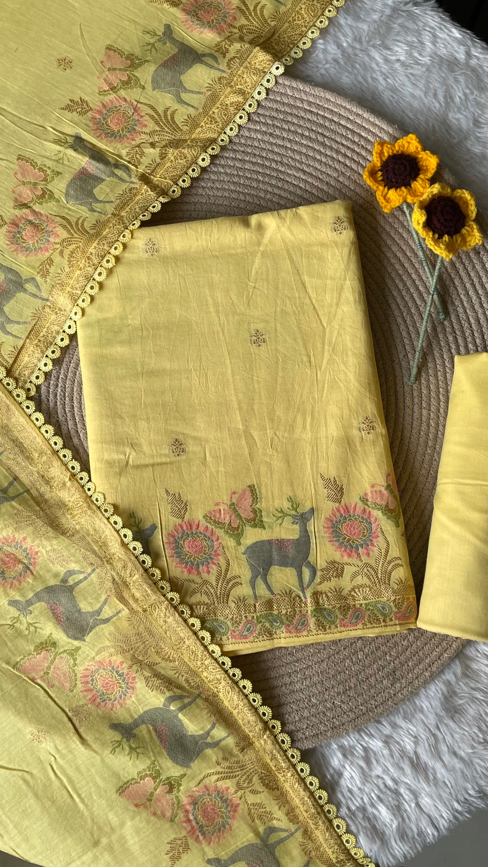 Petal Threads Yellow Pure Cotton Unstitched Suit Set