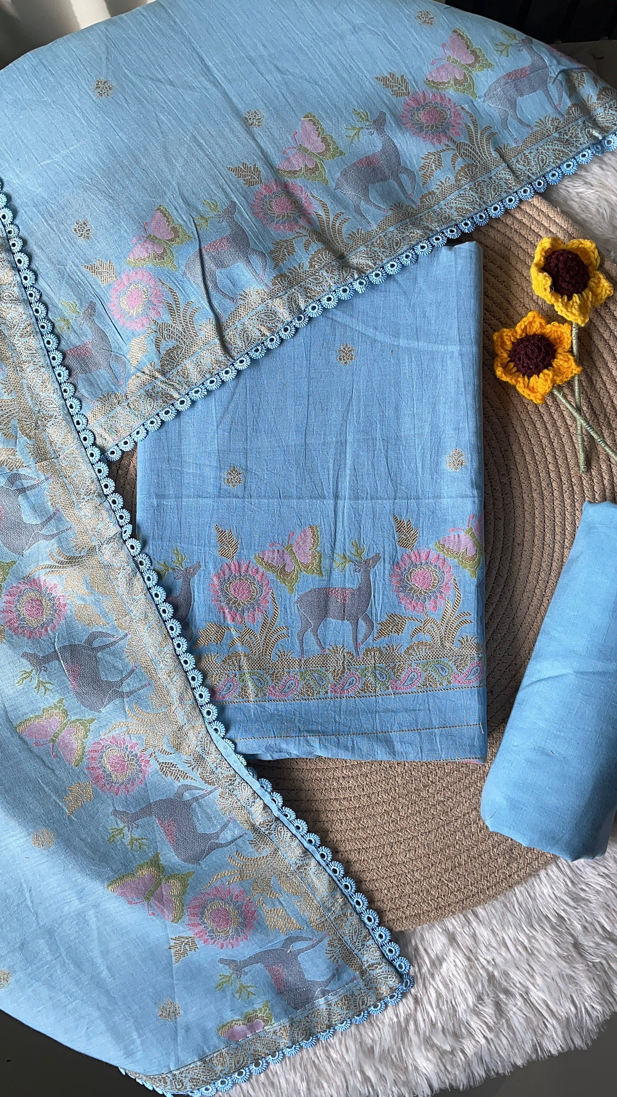 Petal Threads Blue Pure Cotton Unstitched Suit Set