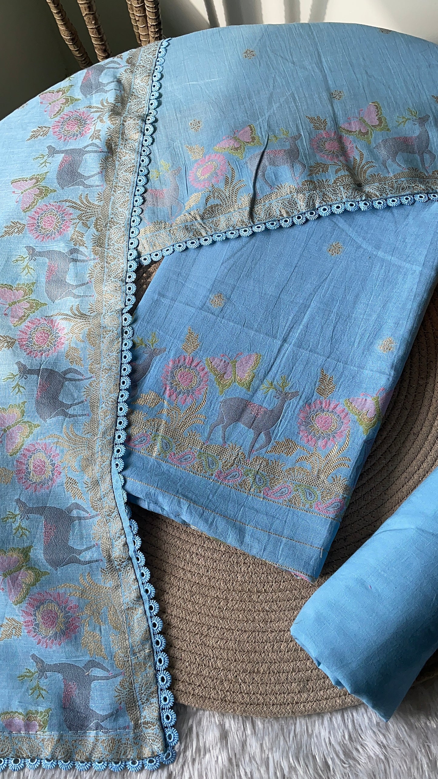 Petal Threads Blue Pure Cotton Unstitched Suit Set