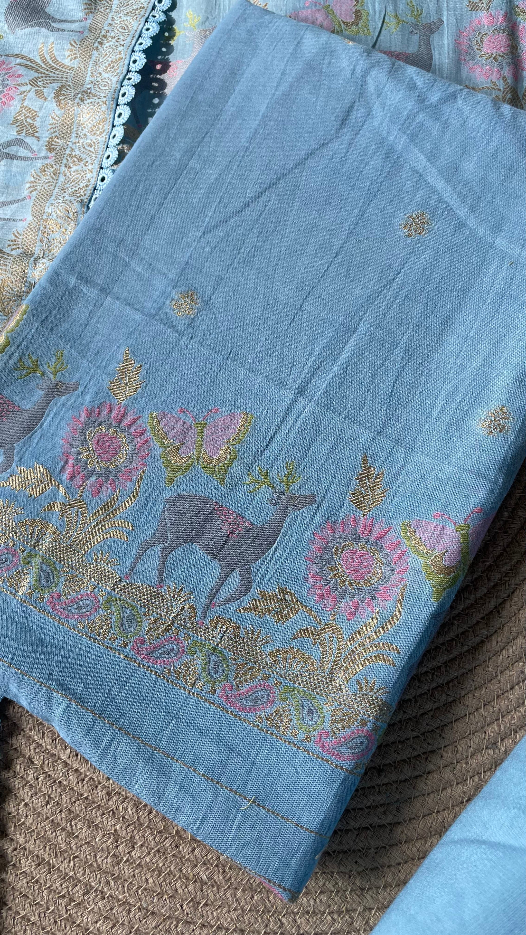 Petal Threads Blue Pure Cotton Unstitched Suit Set
