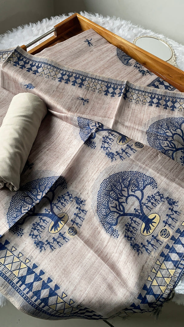 Aabroo Attire Beige & Navy Tussar Silk Unstitched Suit Set