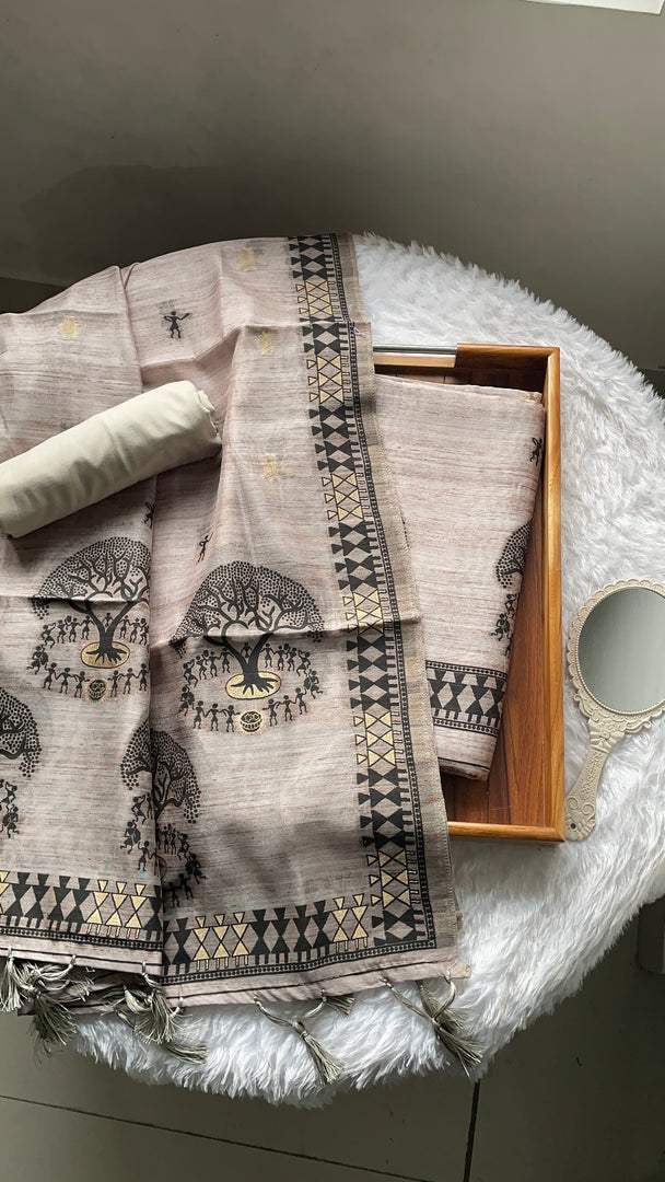 Aabroo Attire Beige & Beige Tussar Silk Unstitched Suit Set