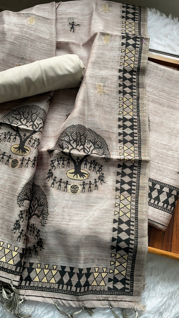 Aabroo Attire Beige & Beige Tussar Silk Unstitched Suit Set