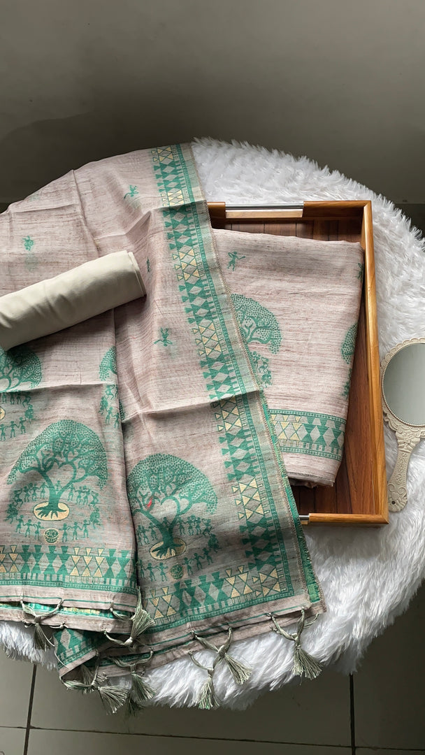 Aabroo Attire Beige & Sea Green Tussar Silk Unstitched Suit Set