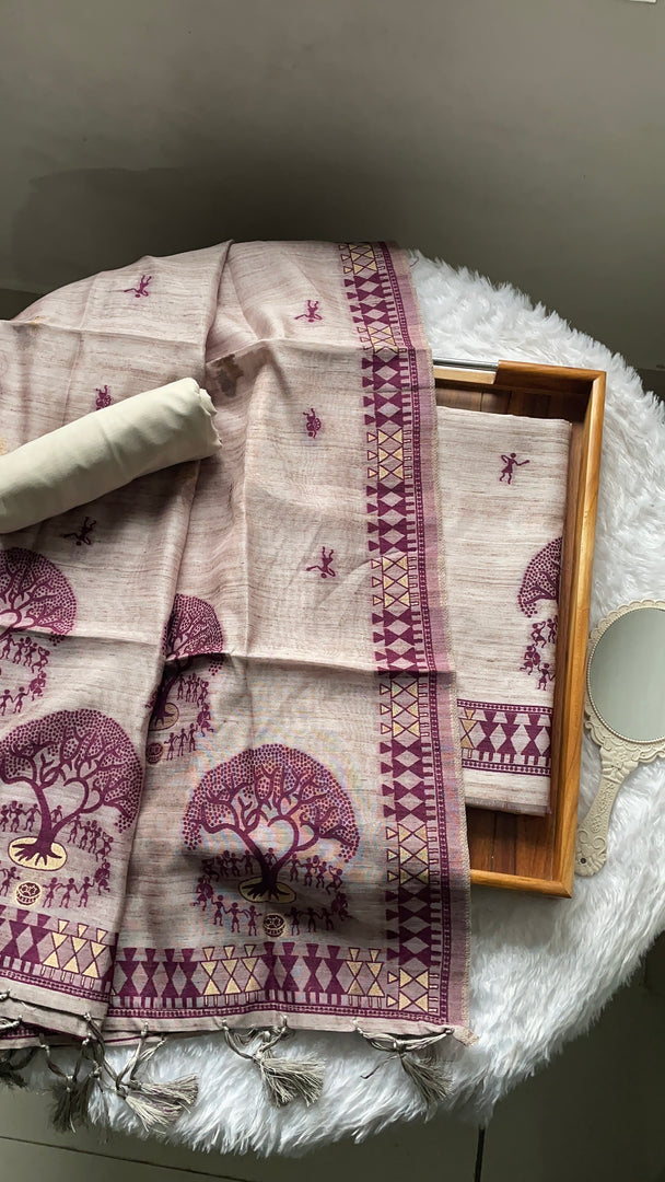 Aabroo Attire Beige & Wine Tussar Silk Unstitched Suit Set