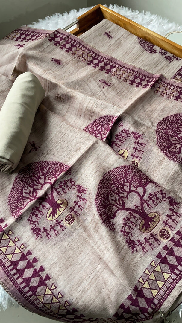 Aabroo Attire Beige & Wine Tussar Silk Unstitched Suit Set