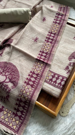 Load image into Gallery viewer, Aabroo Attire Beige &amp; Wine Tussar Silk Unstitched Suit Set
