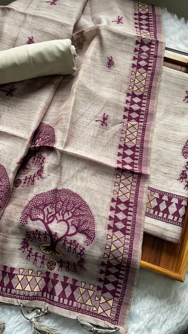 Aabroo Attire Beige & Wine Tussar Silk Unstitched Suit Set