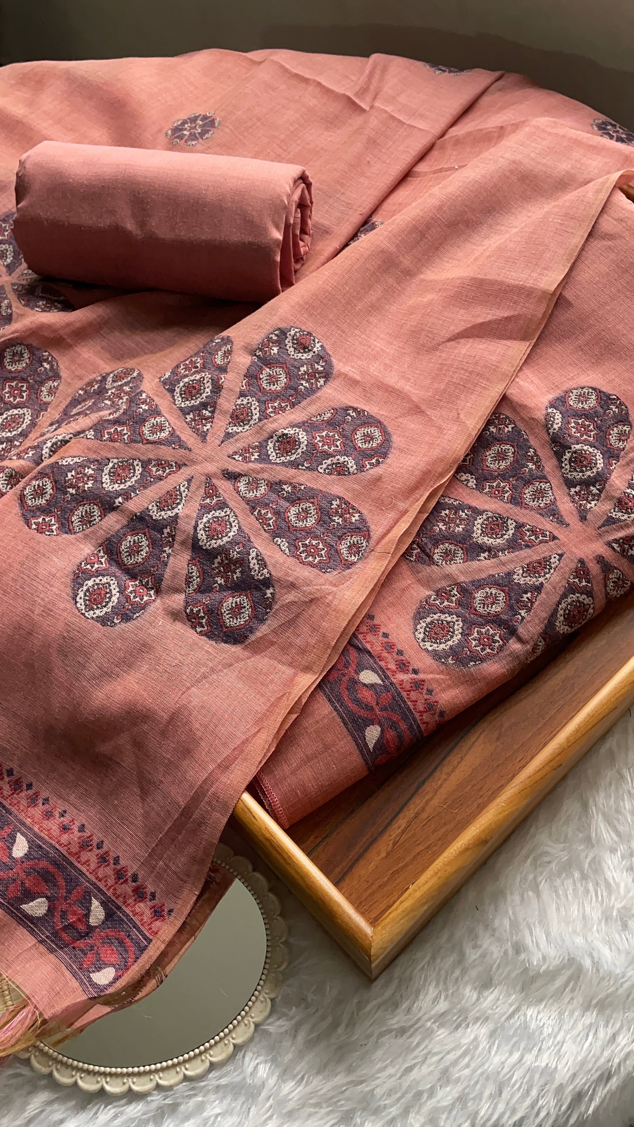 Purely Woven Pink Muga Cotton Unstitched Suit Set