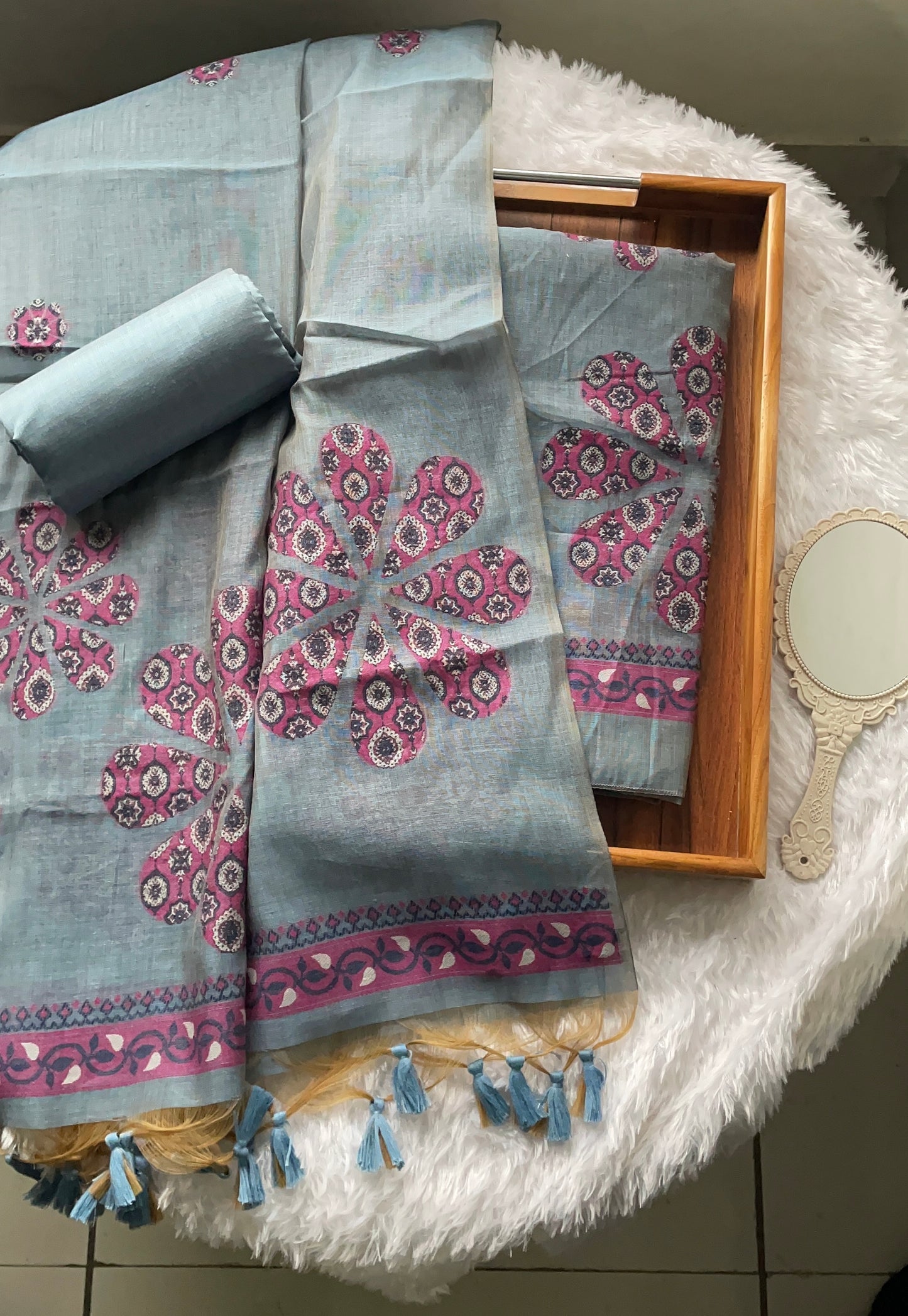 Purely Woven Greyish Blue Muga Cotton Unstitched Suit Set