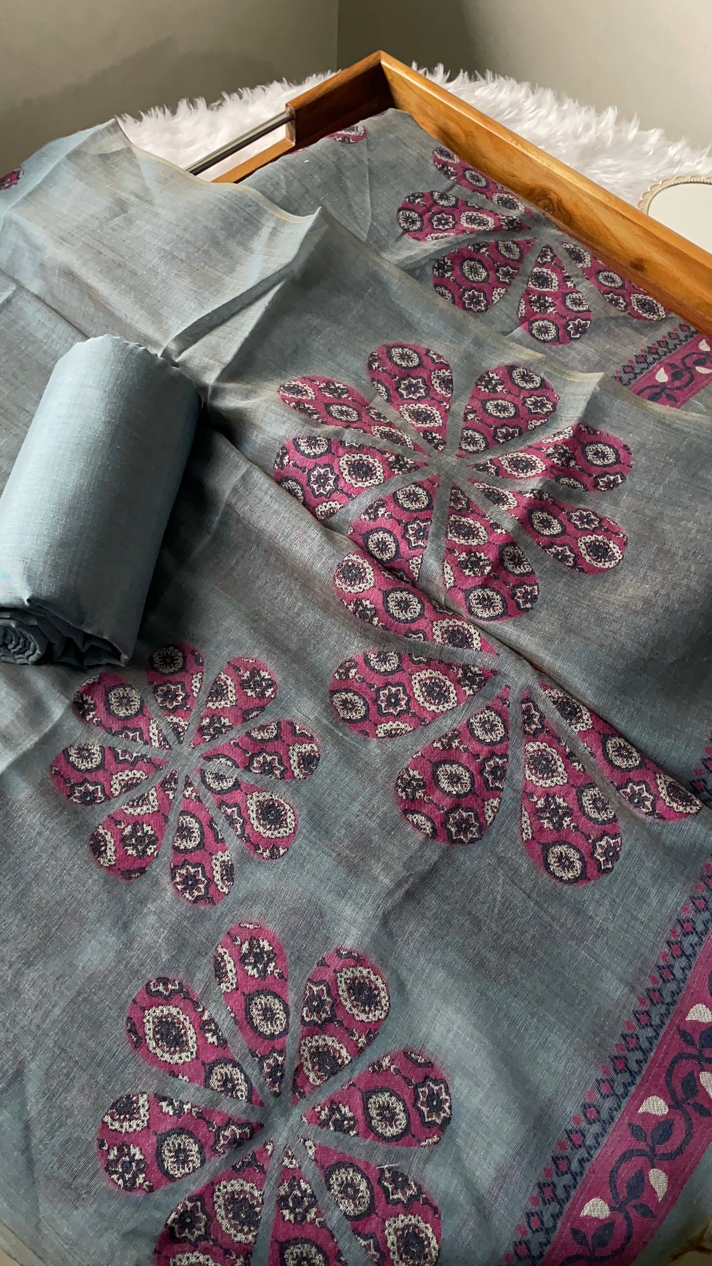 Purely Woven Greyish Blue Muga Cotton Unstitched Suit Set