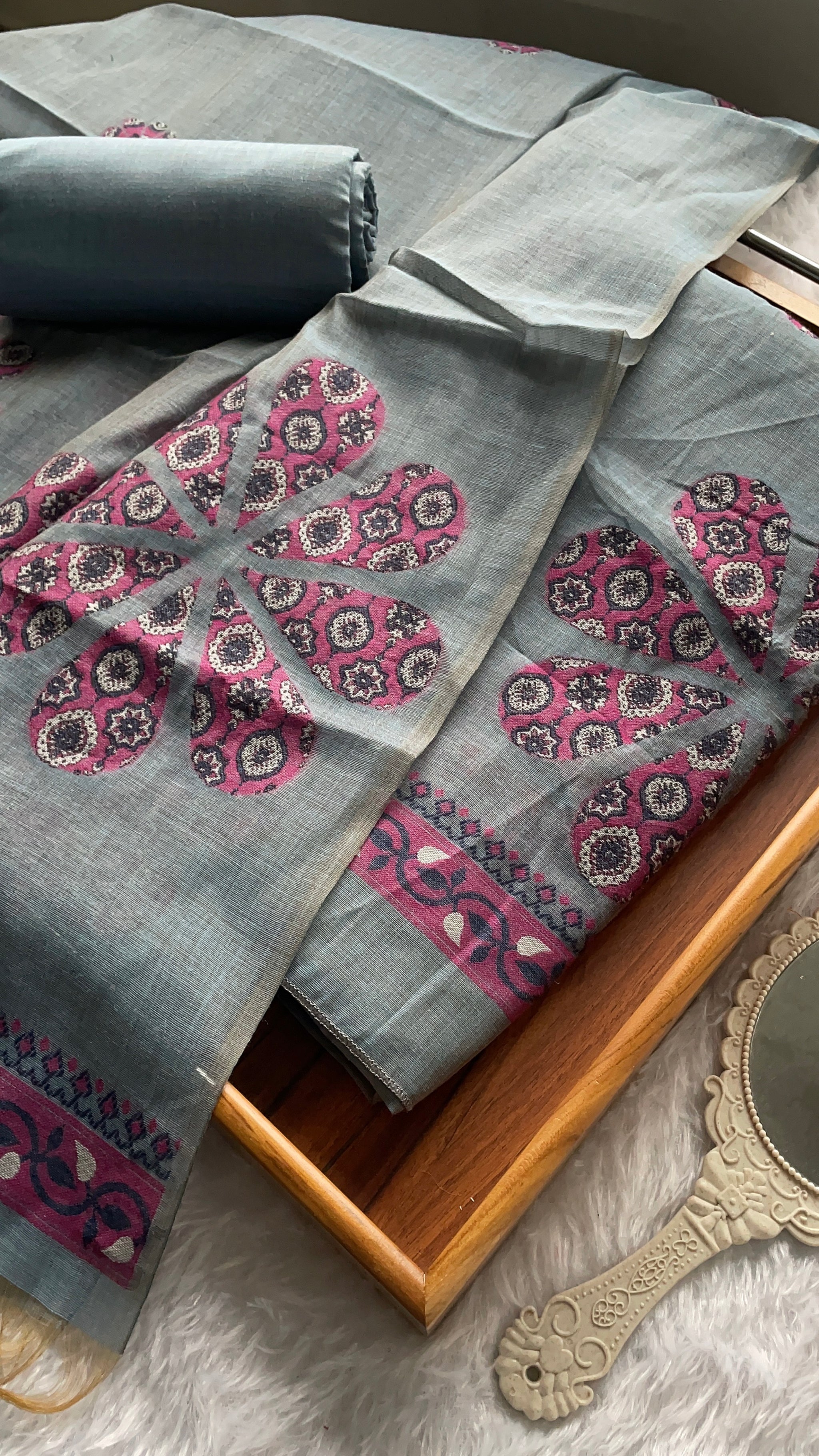 Purely Woven Greyish Blue Muga Cotton Unstitched Suit Set