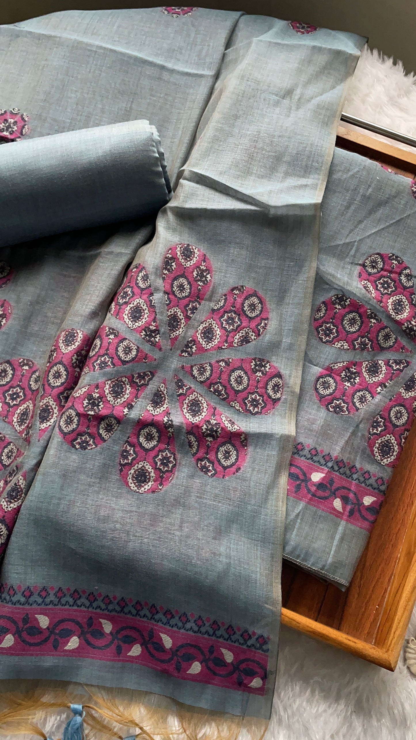 Purely Woven Greyish Blue Muga Cotton Unstitched Suit Set