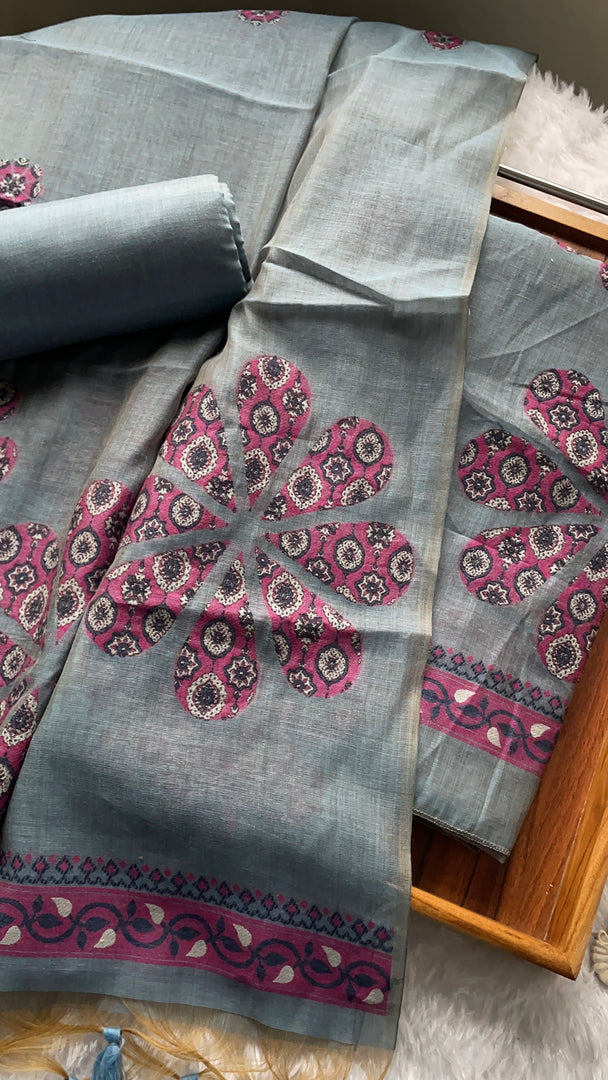 Purely Woven Greyish Blue Muga Cotton Unstitched Suit Set