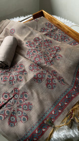 Purely Woven Taupe Beige Muga Cotton Unstitched Suit Set