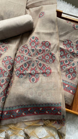 Purely Woven Taupe Beige Muga Cotton Unstitched Suit Set