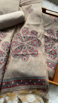 Purely Woven Taupe Beige Muga Cotton Unstitched Suit Set
