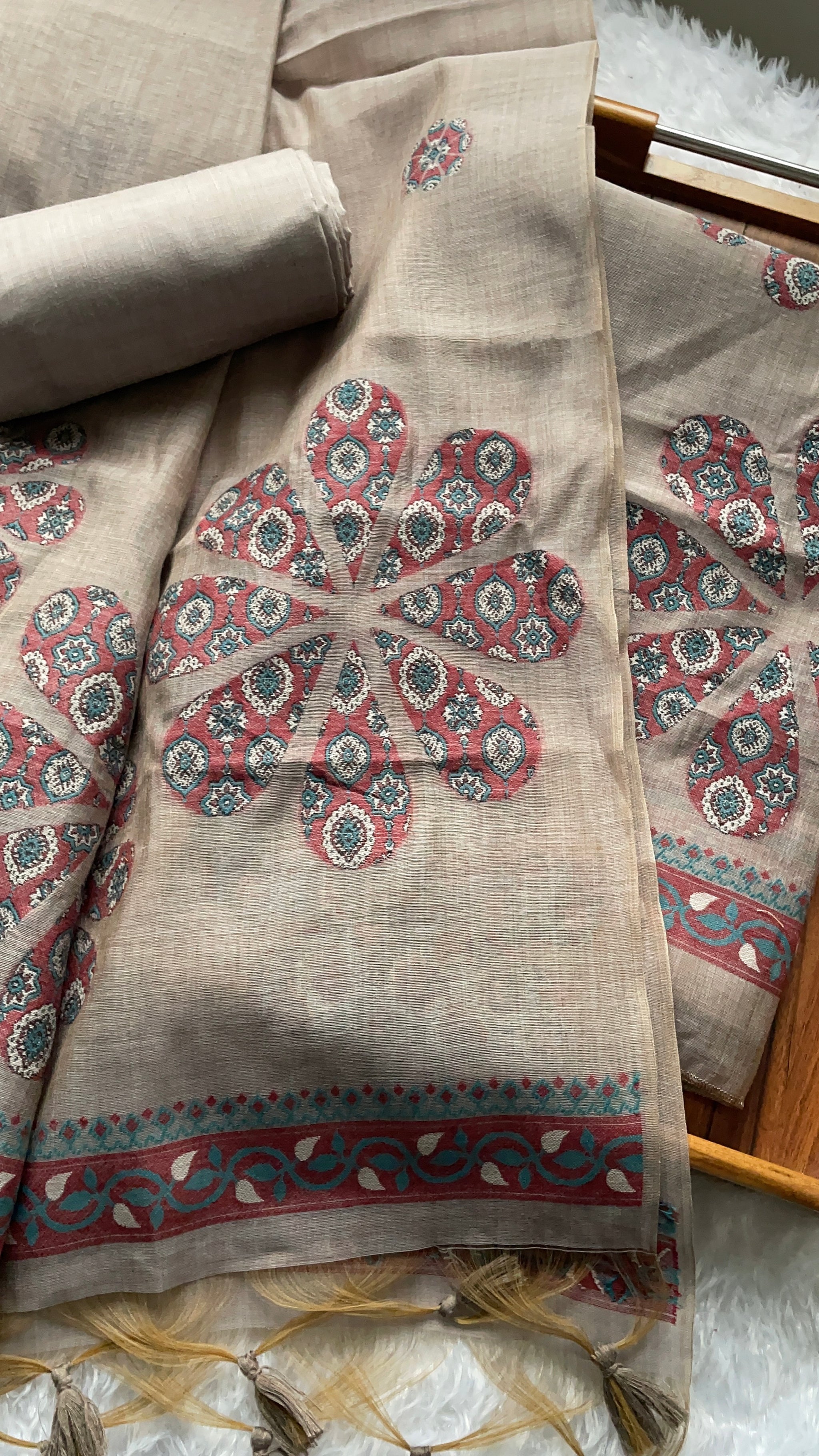 Purely Woven Taupe Beige Muga Cotton Unstitched Suit Set