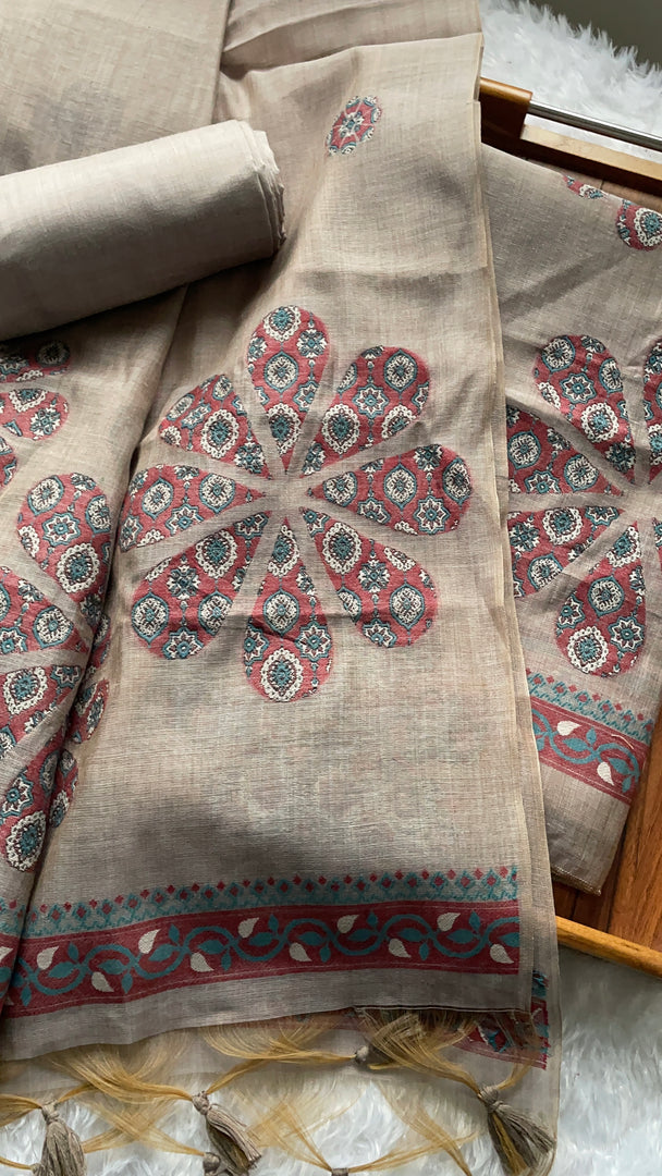 Purely Woven Taupe Beige Muga Cotton Unstitched Suit Set